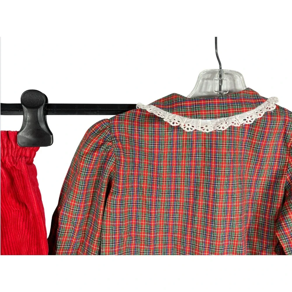VTG Health-Tex Outfit Set RED CORDUROY PANTS Plaid Shirt w/Lace Collar Hearts 2T